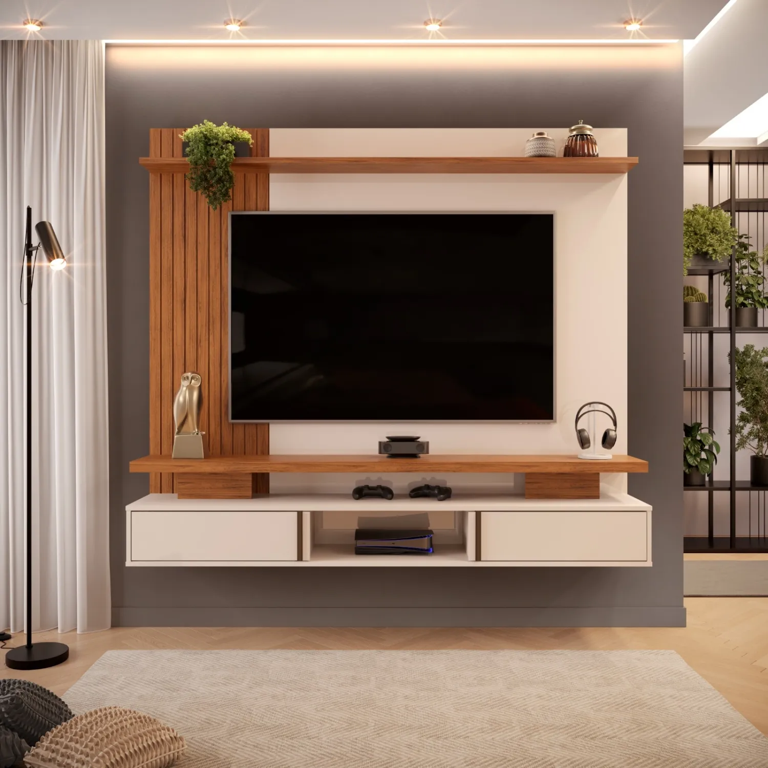 PAINEL LEONI 180cm OFF WHITE/FREIJO 100% MDF