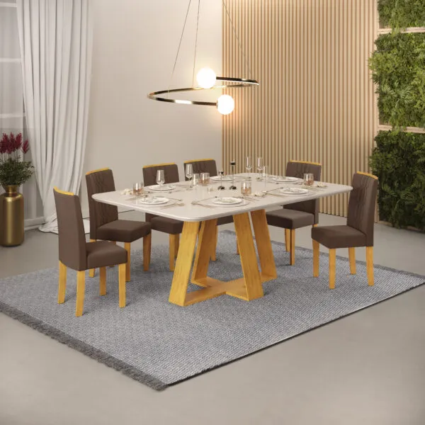 MESA CELESTE - TAMPO CHANFRADO COM VIDRO CURVO 1600X900X30 MM CEDRO/OFF WHITE