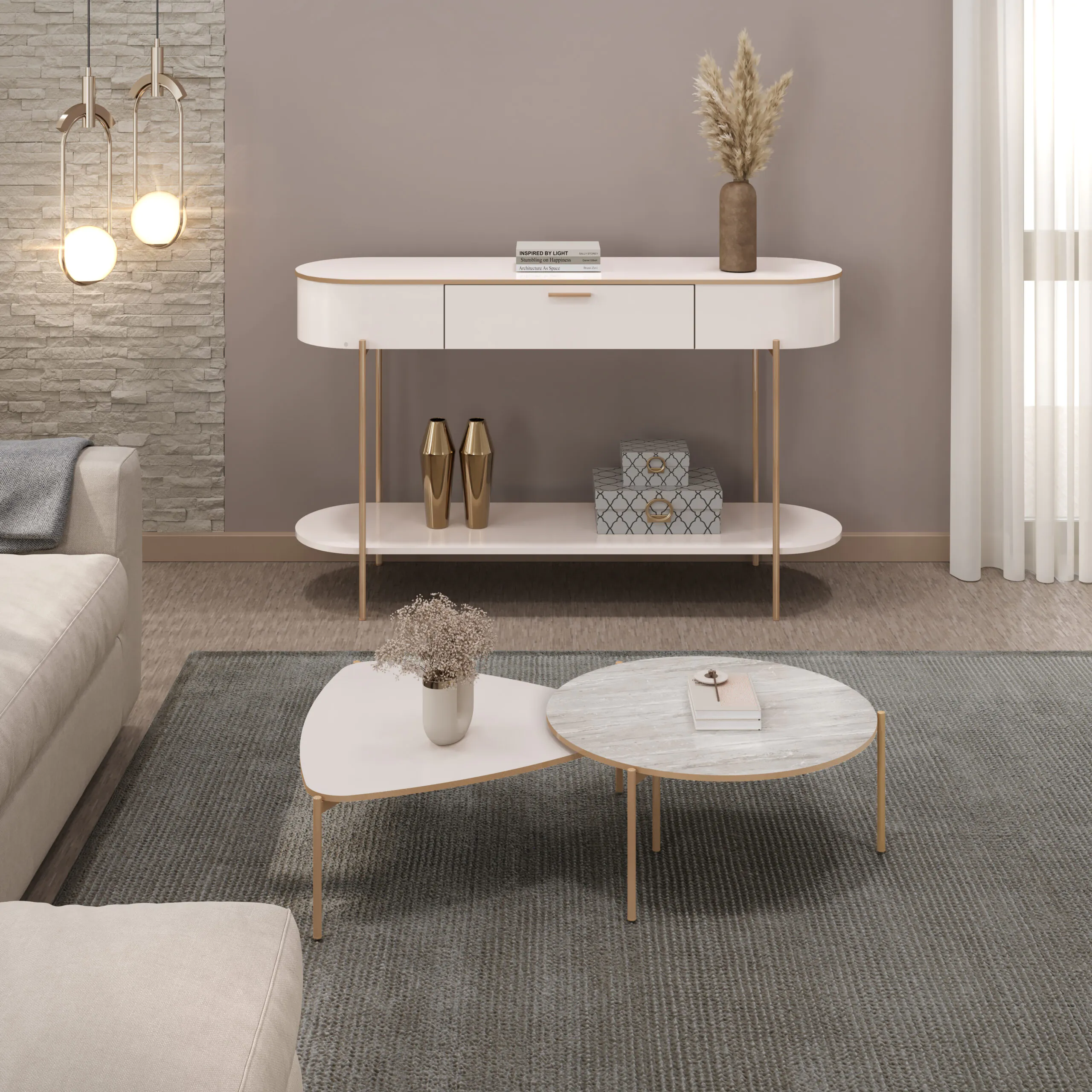 CONJUNTO MESA DE CENTRO ISA E BELA cm OFF WHITE/QUARTZO 100% MDF