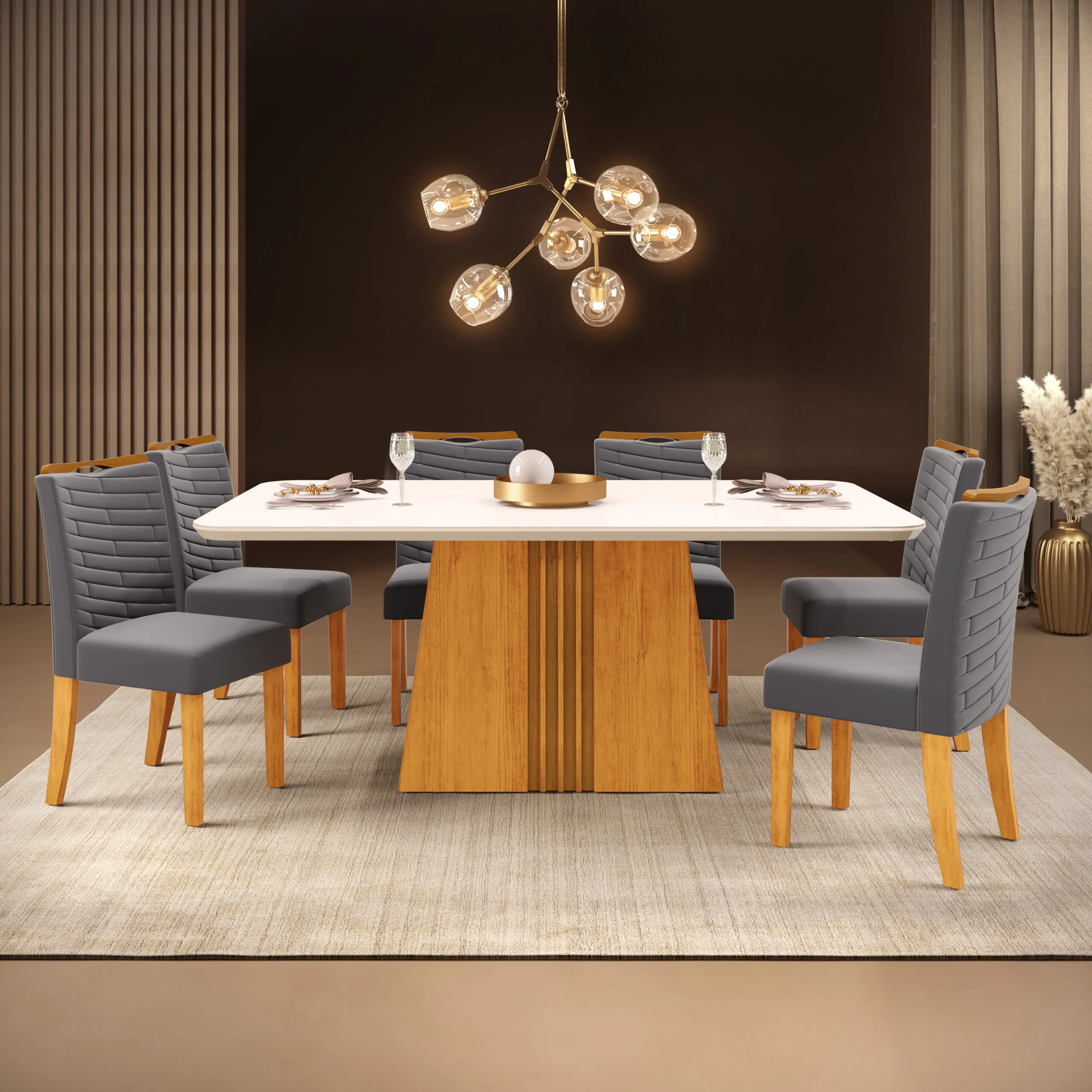 MESA ITALIA - TAMPO CHANFRADO COM VIDRO CURVO - 1700X900X25mm CEDRO/OFF WHITE