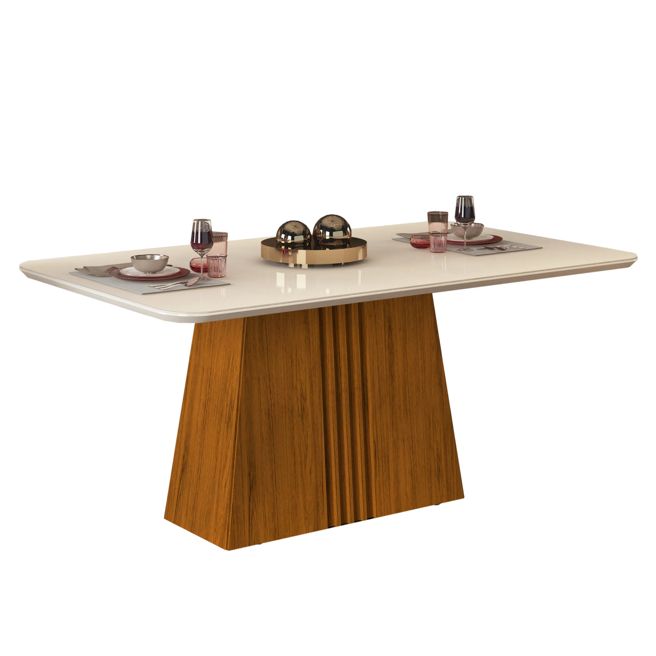 MESA ITALIA - TAMPO CHANFRADO COM VIDRO CURVO - 1700X900X25mm FREIJO/OFF WHITE