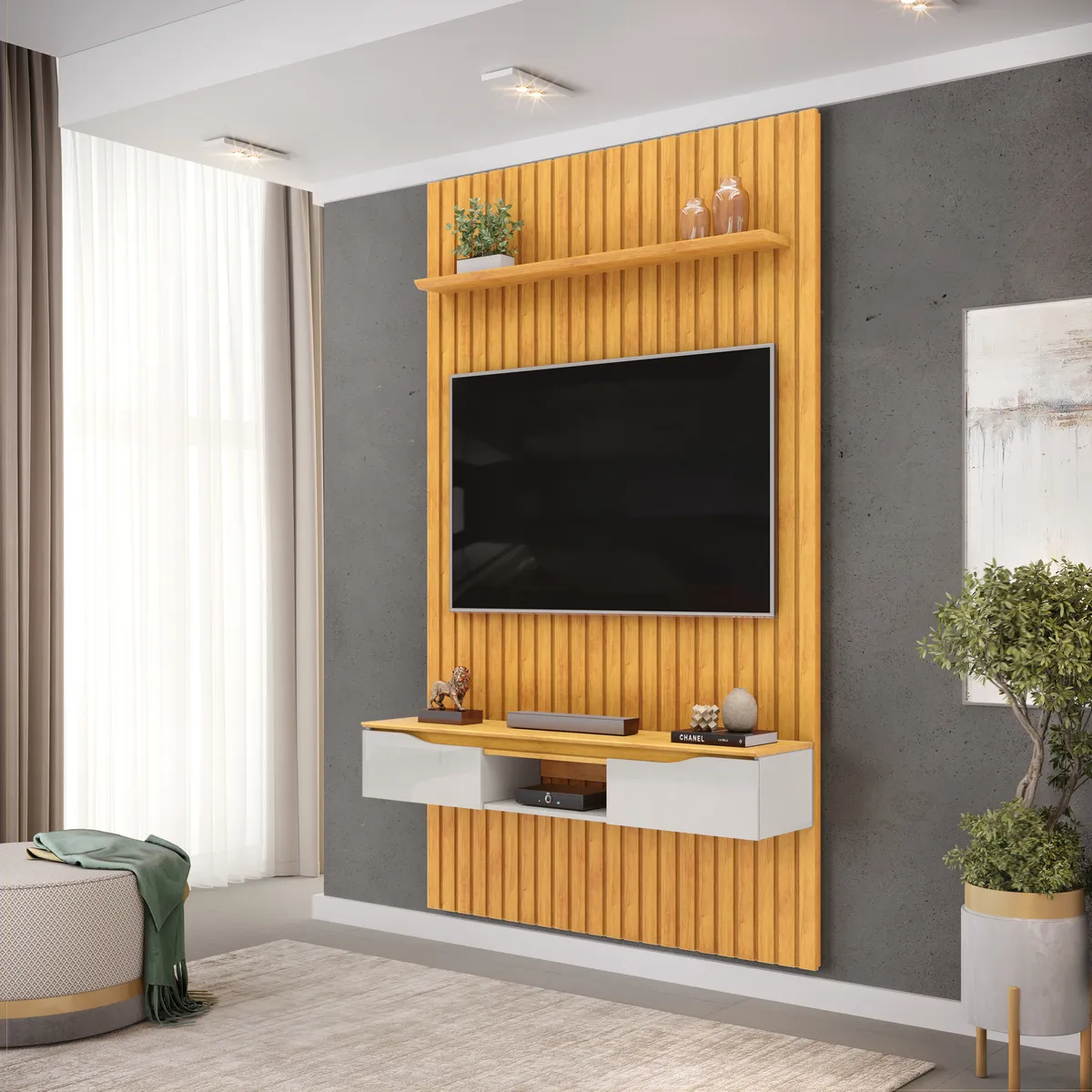 PAINEL RIPADO PRATIC COM BANCADA ISAC 143,7cm CEDRO 100% MDF