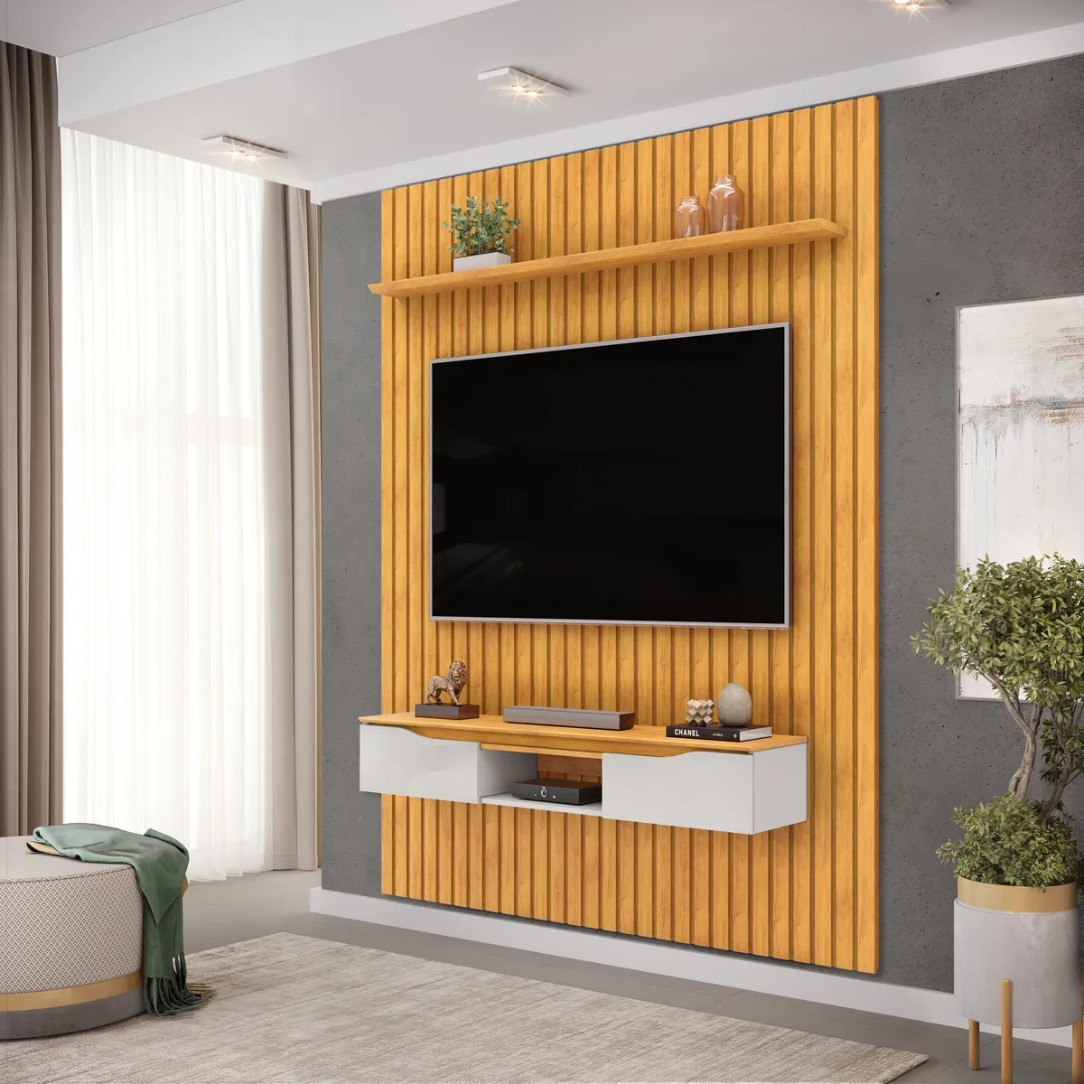 PAINEL RIPADO PRATIC COM BANCADA ISAC 183,3cm CEDRO 100% MDF