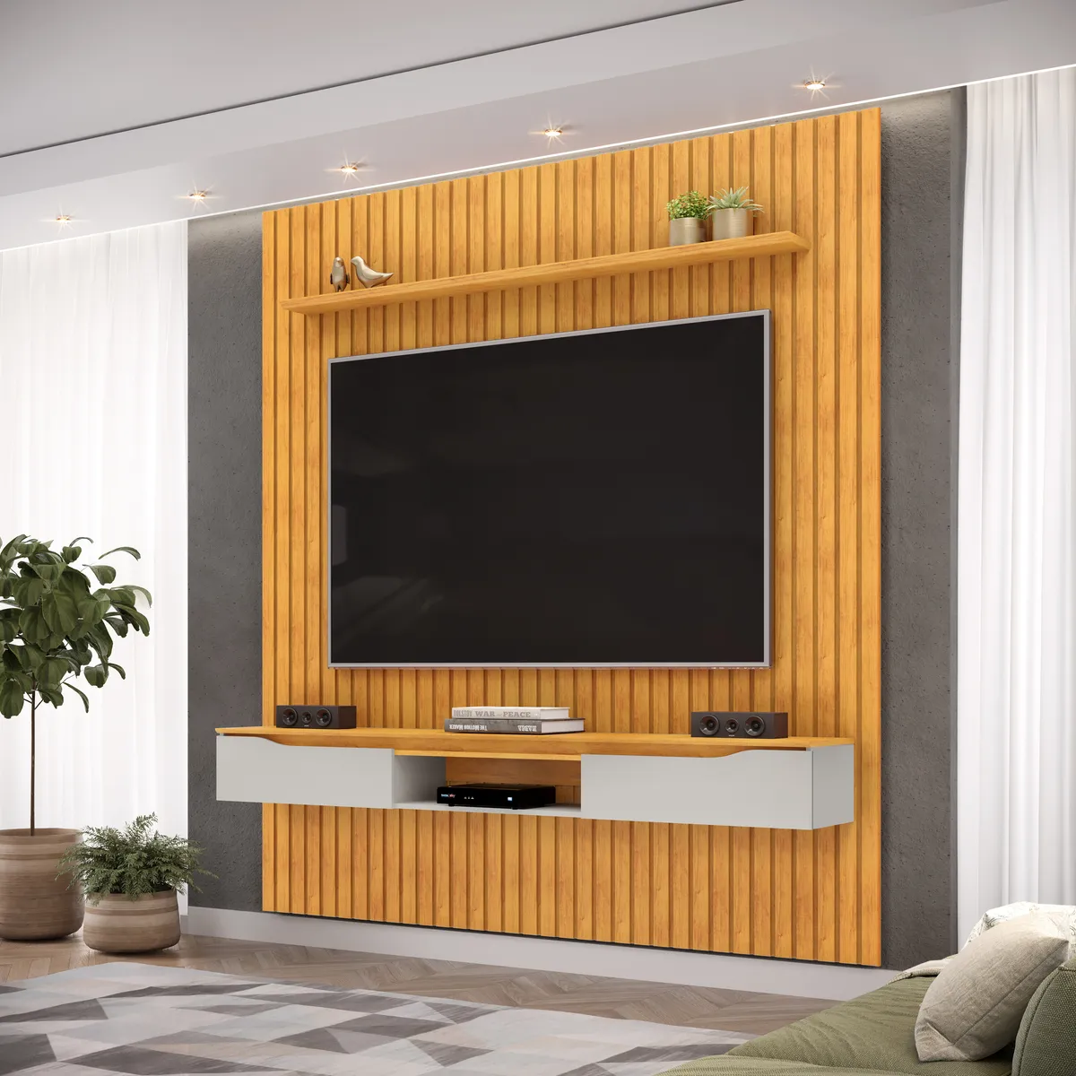 PAINEL RIPADO PRATIC COM BANCADA ISAC 223cm CEDRO 100% MDF