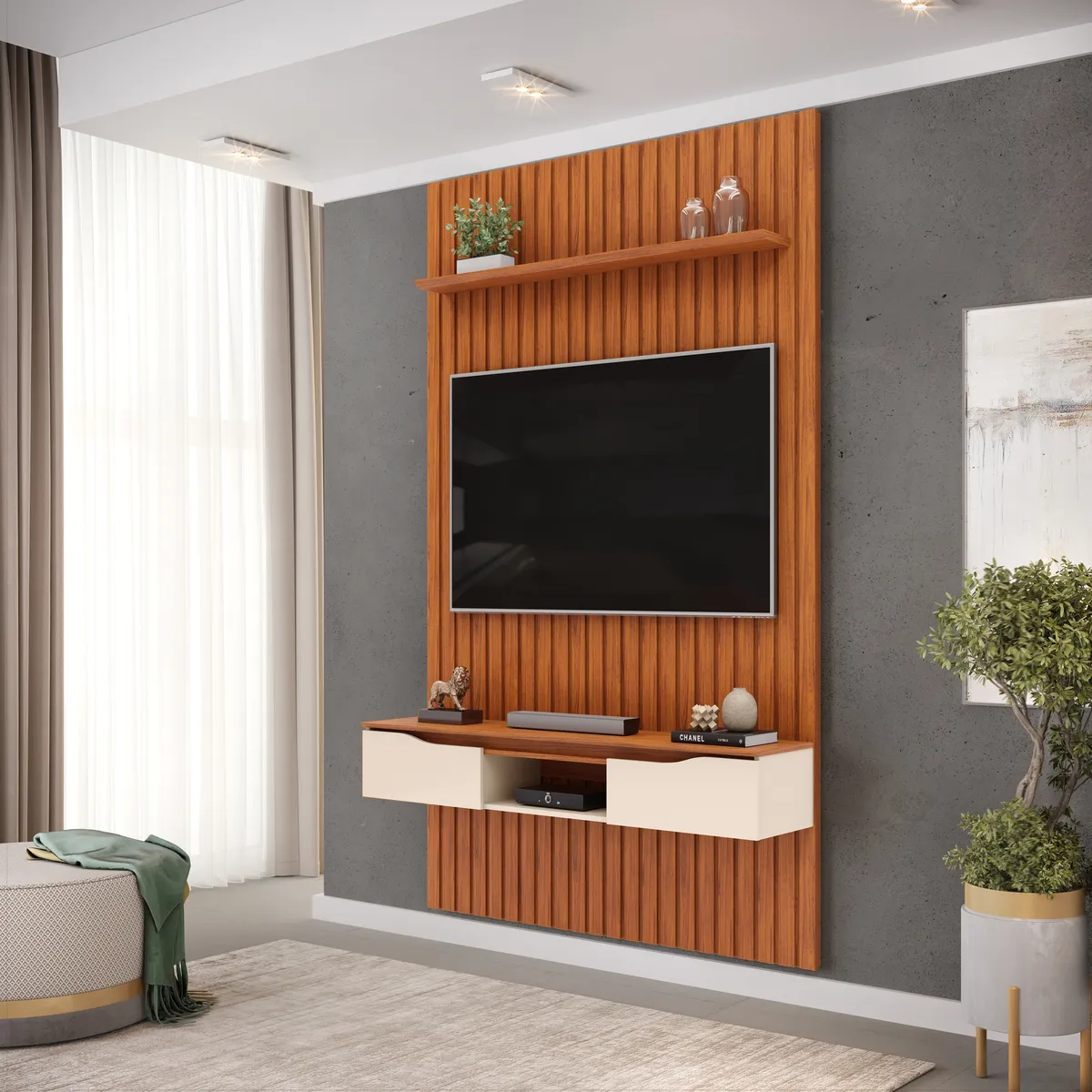 PAINEL RIPADO PRATIC COM BANCADA ISAC 143,7cm FREIJO 100% MDF