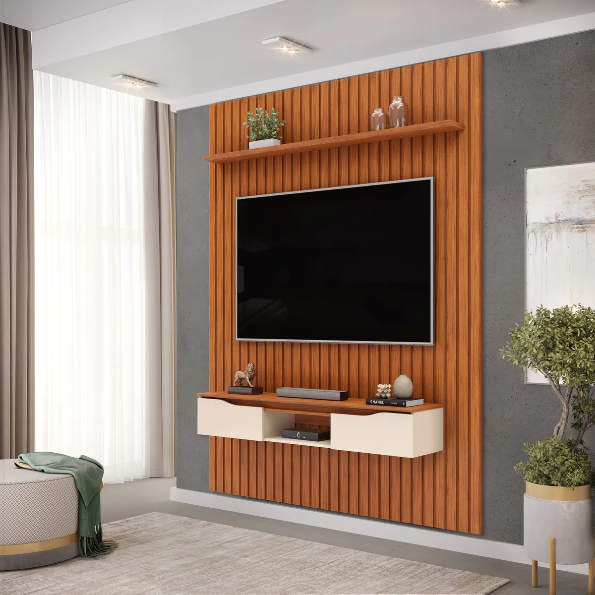 PAINEL RIPADO PRATIC COM BANCADA ISAC 183,3cm FREIJO/OFF WHITE 100% MDF