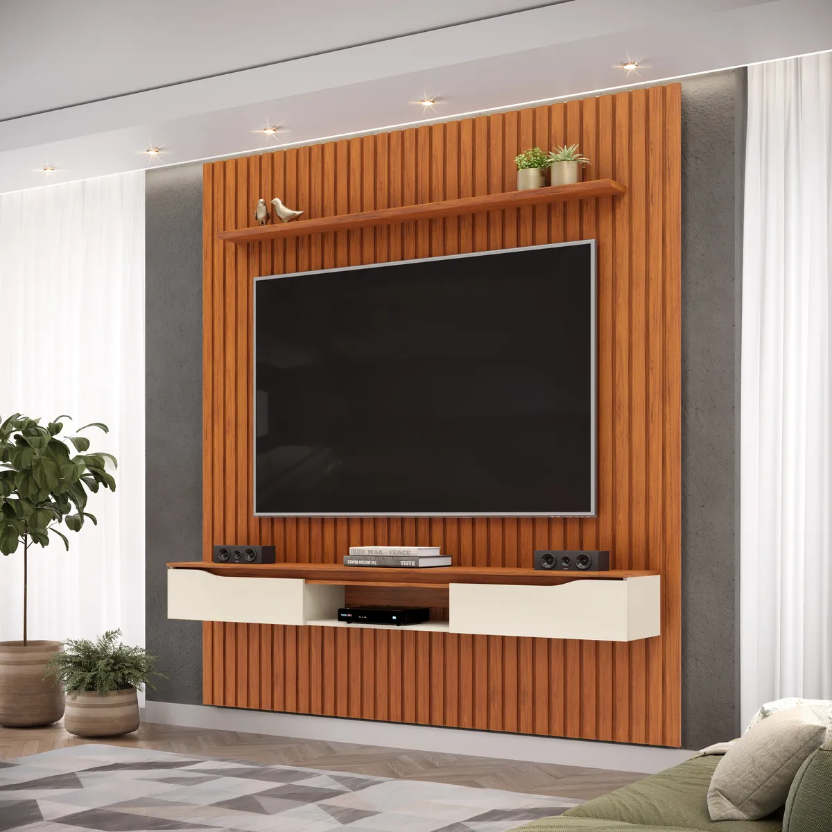 PAINEL RIPADO PRATIC COM BANCADA ISAC 223cm FREIJO/OFF WHITE 100% MDF