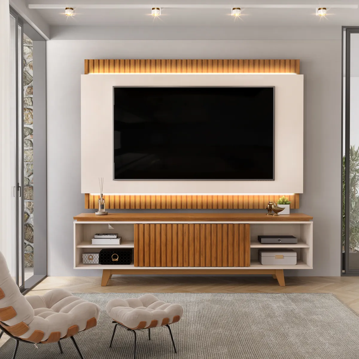 BANCADA E PAINEL LOREN 201,5cm OFF WHITE/FREIJO 100% MDF