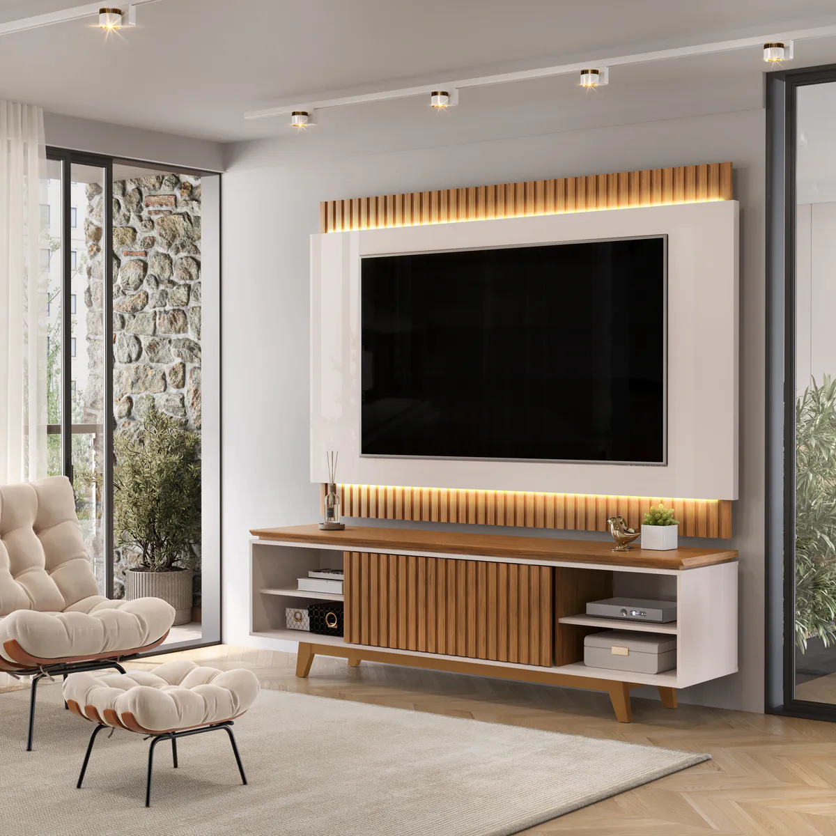 BANCADA E PAINEL LOREN 201,5cm OFF WHITE/FREIJO 100% MDF - Image 2