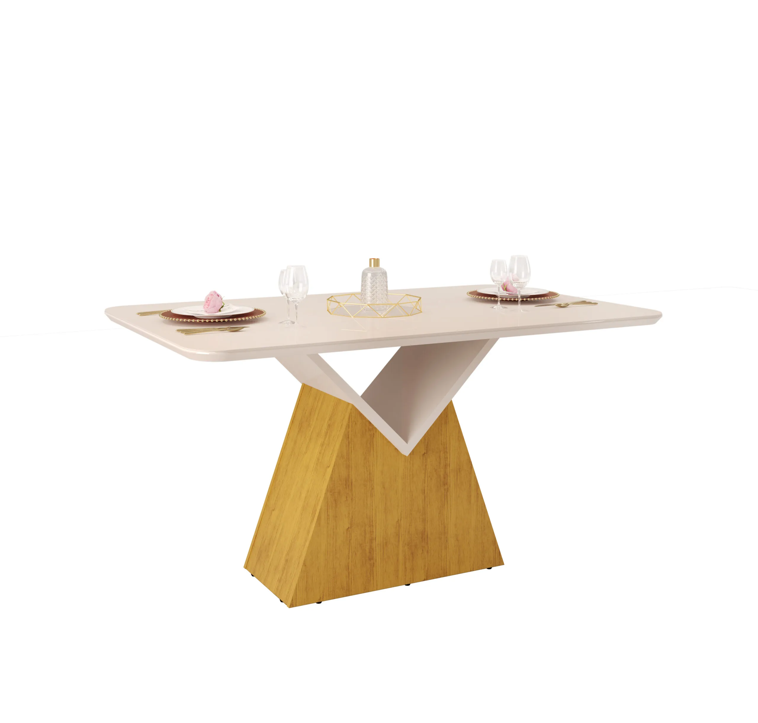 MESA ARGO - TAMPO CHANFRADO DE MADEIRA COM VIDRO PINTADO CURVO 1360X900X25 CEDRO/OFF WHITE - Image 2