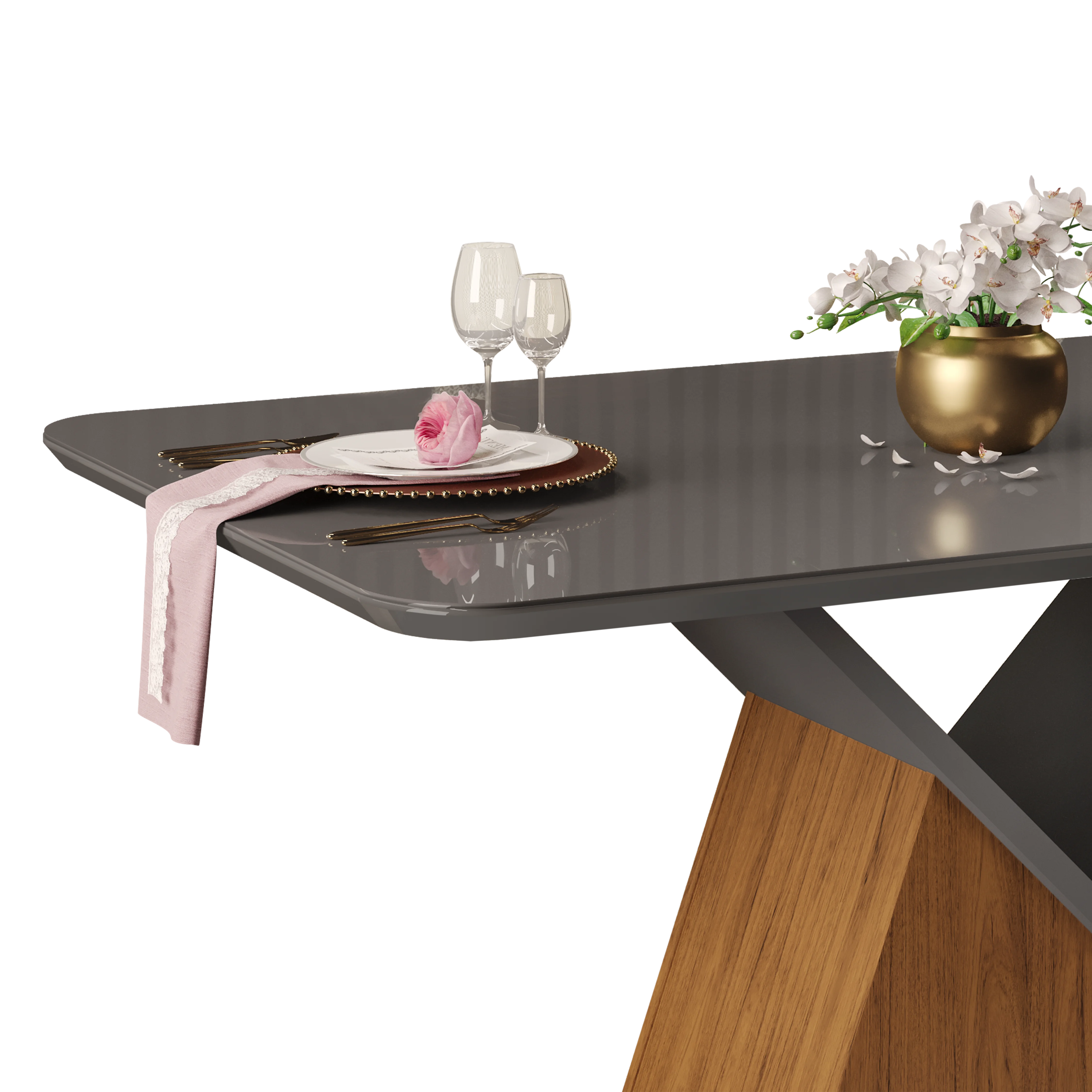 MESA ARGO - TAMPO CHANFRADO DE MADEIRA COM VIDRO PINTADO CURVO 1360X900X25 FREIJO/CINZA URBANO - Image 3