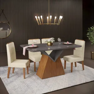 MESA ARGO - TAMPO CHANFRADO DE MADEIRA COM VIDRO PINTADO CURVO 1360X900X25 FREIJO/CINZA URBANO