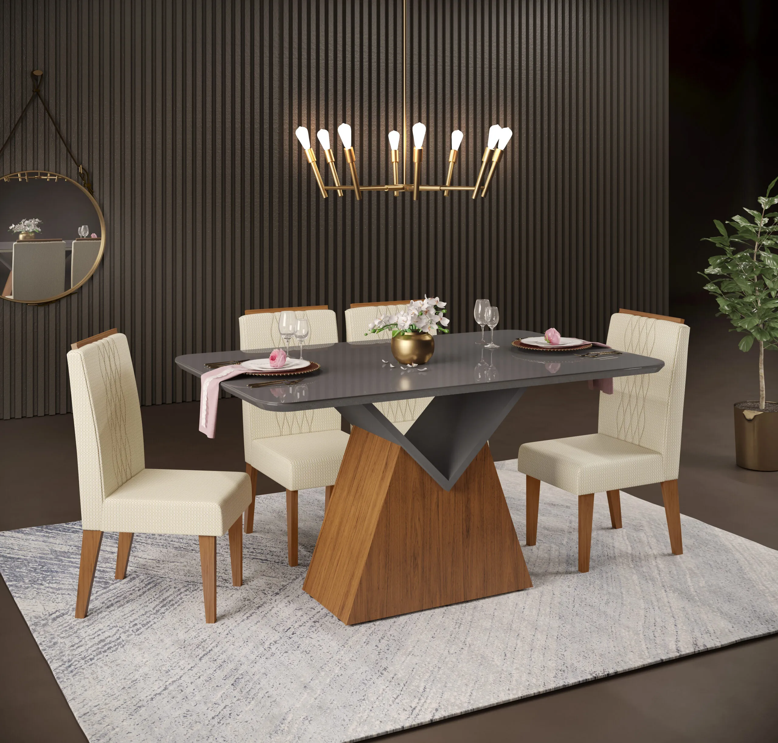 MESA ARGO - TAMPO CHANFRADO DE MADEIRA COM VIDRO PINTADO CURVO 1360X900X25 FREIJO/CINZA URBANO