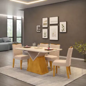MESA ARGO - TAMPO CHANFRADO DE MADEIRA COM VIDRO PINTADO CURVO 1360X900X25 CEDRO/QUARTZO