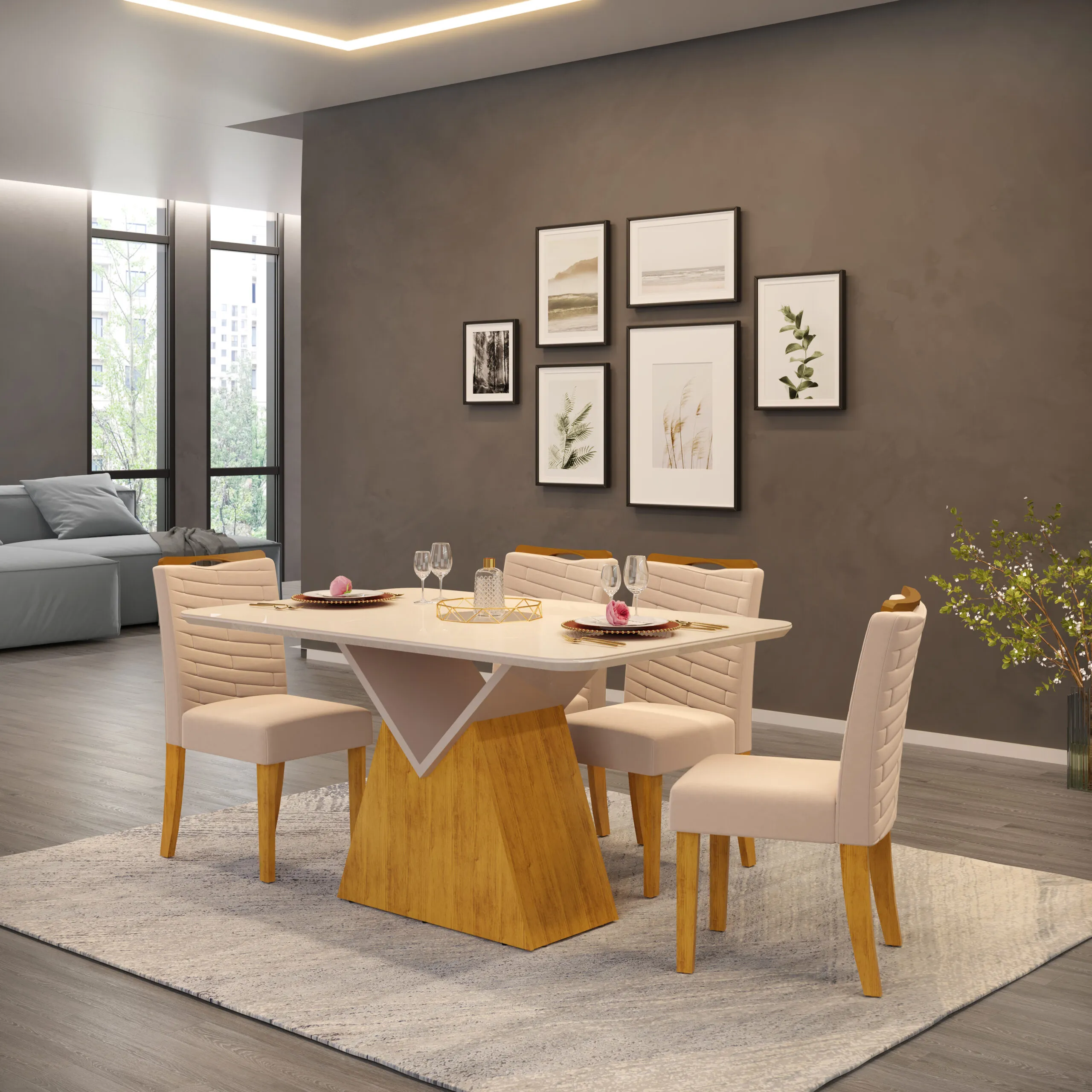 MESA ARGO - TAMPO CHANFRADO DE MADEIRA COM VIDRO PINTADO CURVO 1360X900X25 CEDRO/OFF WHITE