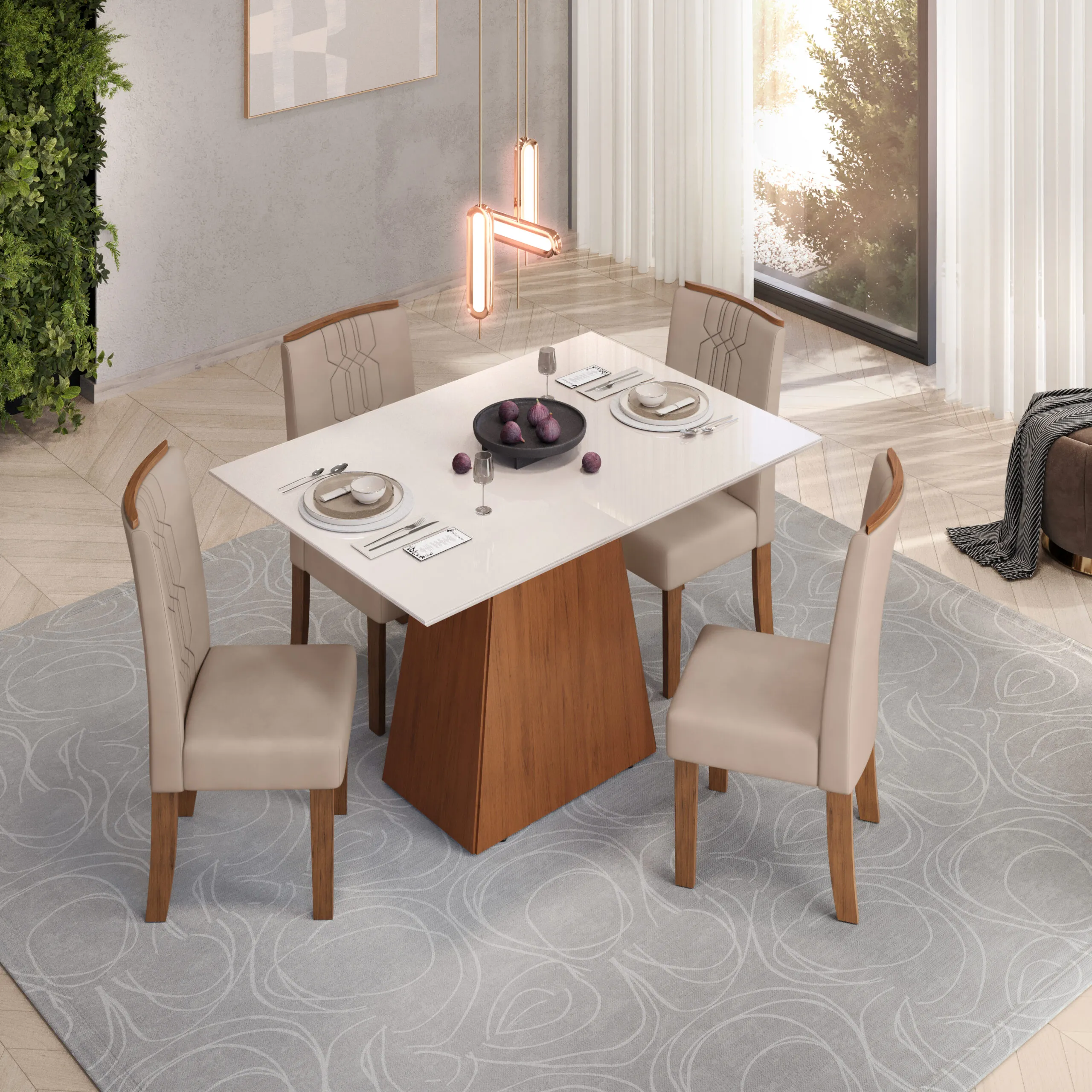 MESA DULCE - TAMPO CHANFRADO SOFT DE MADEIRA COM VIDRO 1200X900X30 FREIJO/OFF WHITE