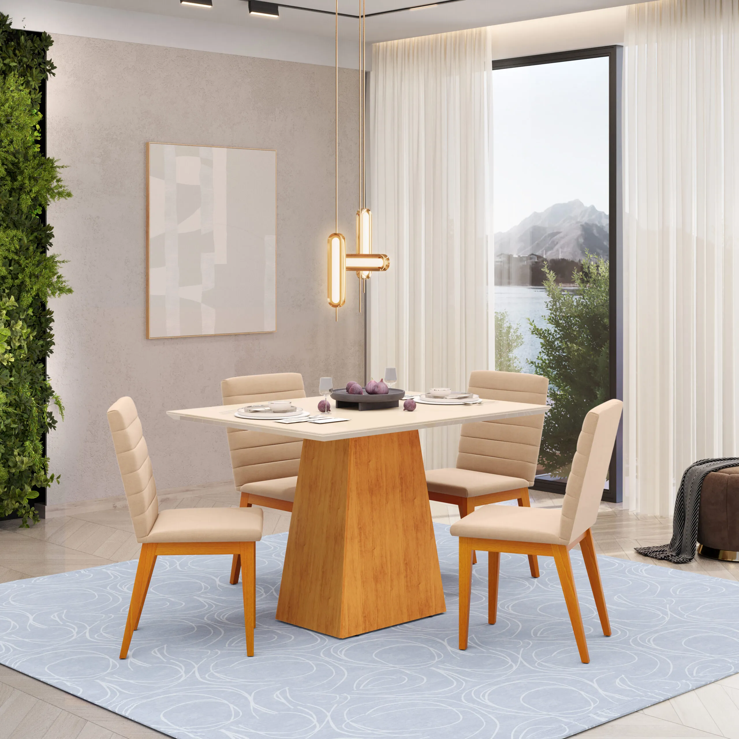 MESA DULCE - TAMPO CHANFRADO SOFT DE MADEIRA COM VIDRO 1200X900X30 CEDRO/OFF WHITE