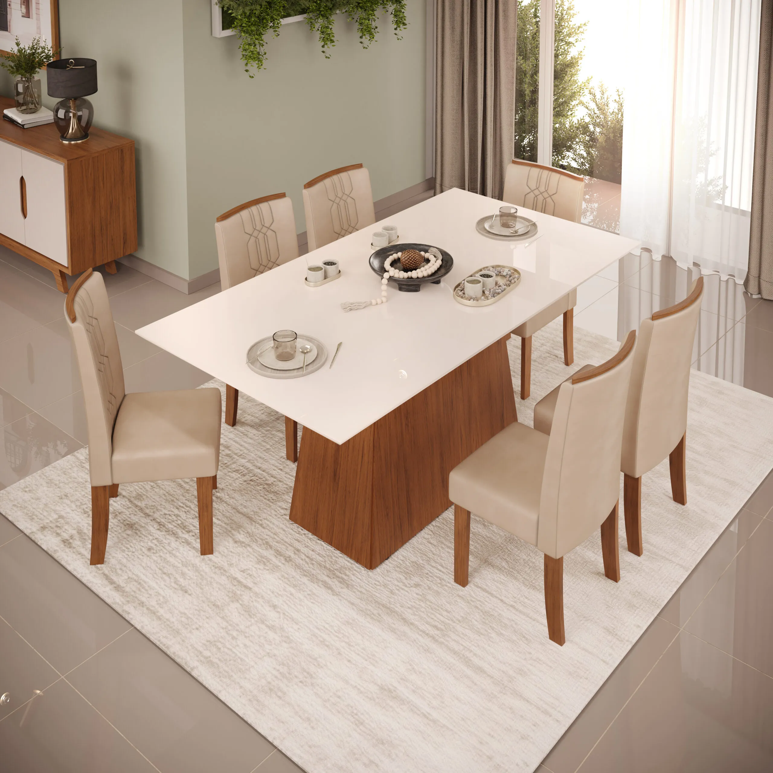 MESA DULCE - TAMPO CHANFRADO SOFT DE MADEIRA COM VIDRO 1800X900X30 FREIJO/OFF WHITE