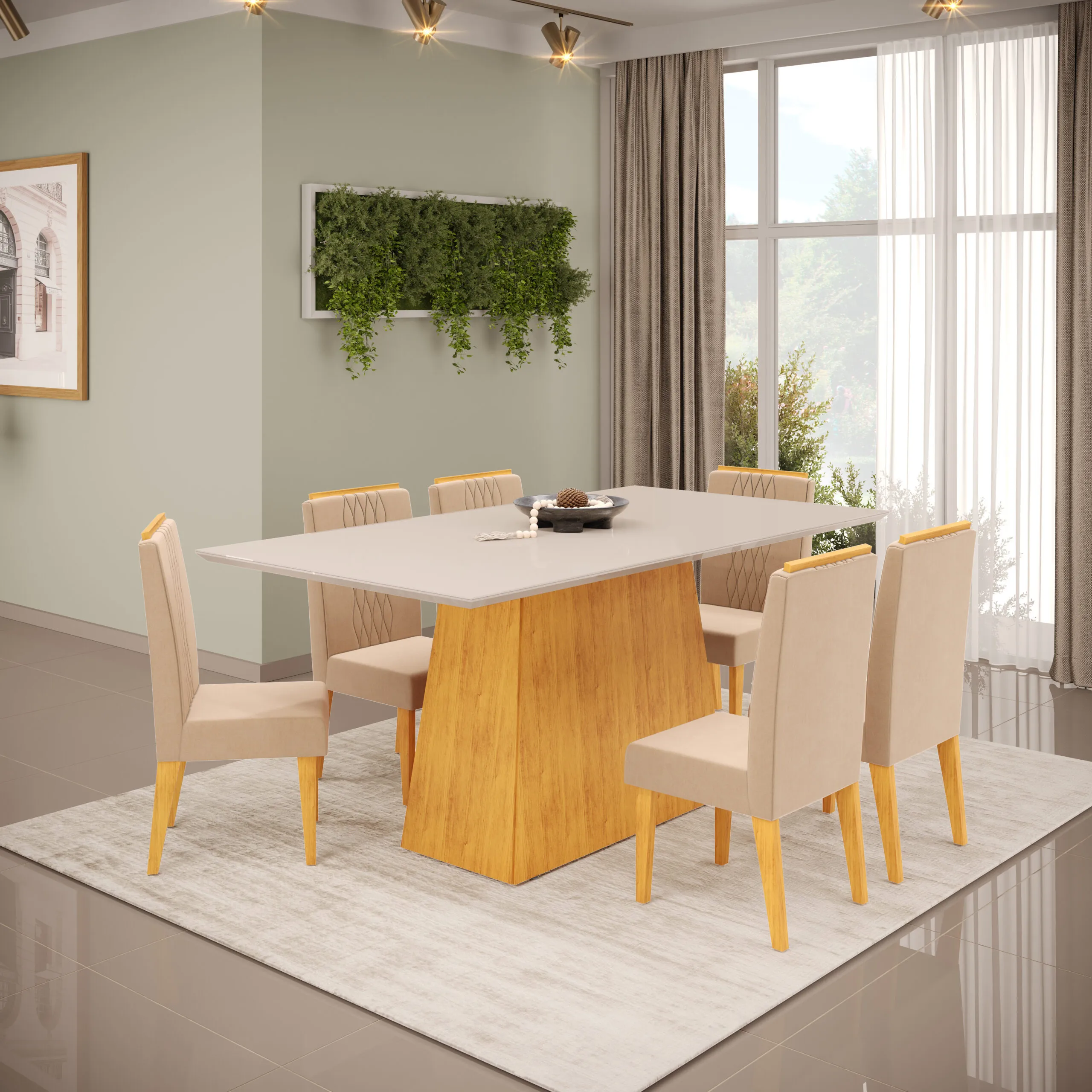 MESA DULCE - TAMPO CHANFRADO SOFT DE MADEIRA COM VIDRO 1800X900X30 CEDRO/OFF WHITE