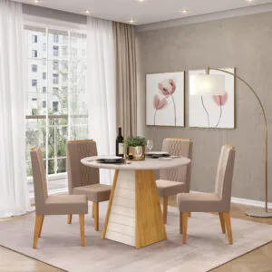MESA FLER - TAMPO CHANFRADO DE MADEIRA COM VIDRO 1035x807x1035 (REDONDO) CEDRO/OFF WHITE