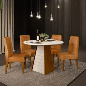 MESA FLER - TAMPO CHANFRADO DE MADEIRA COM VIDRO 1035x807x1035 (REDONDO) FREIJO/OFF WHITE