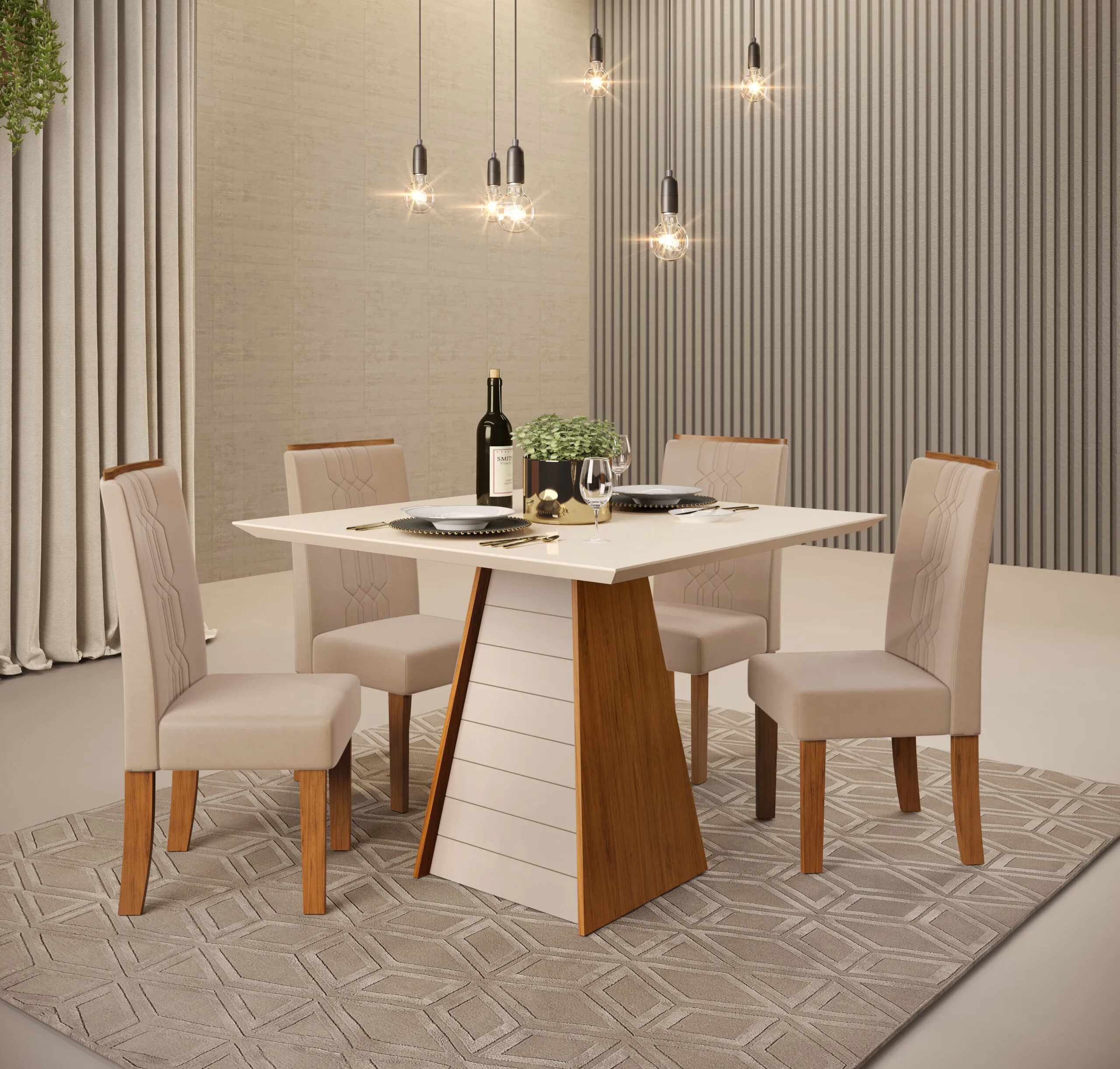 MESA FLER - TAMPO CHANFRADO DE MADEIRA COM VIDRO 900X900X25 FREIJO/OFF WHITE