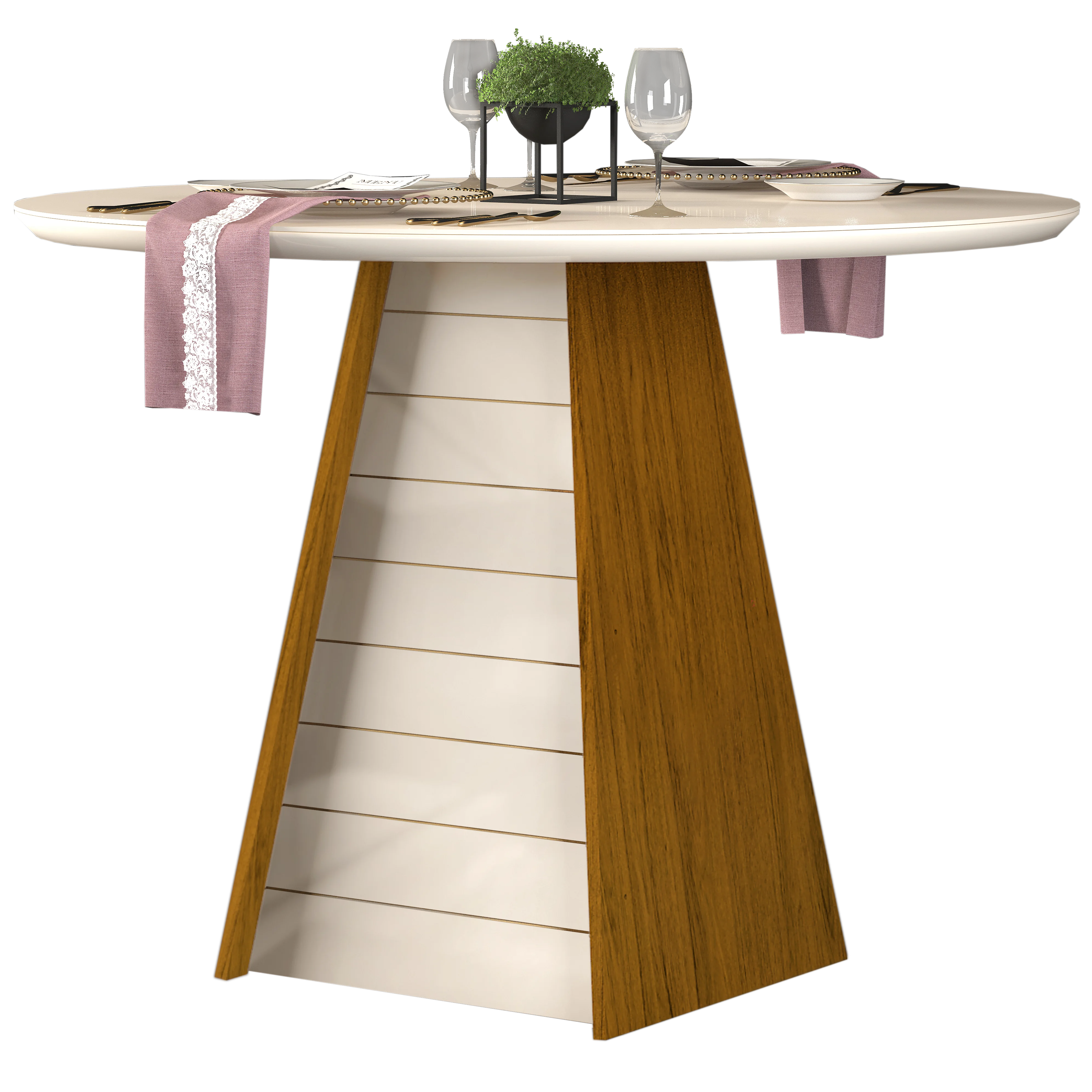 MESA FLER - TAMPO CHANFRADO DE MADEIRA COM VIDRO 1035x807x1035 (REDONDO) FREIJO/OFF WHITE - Image 5