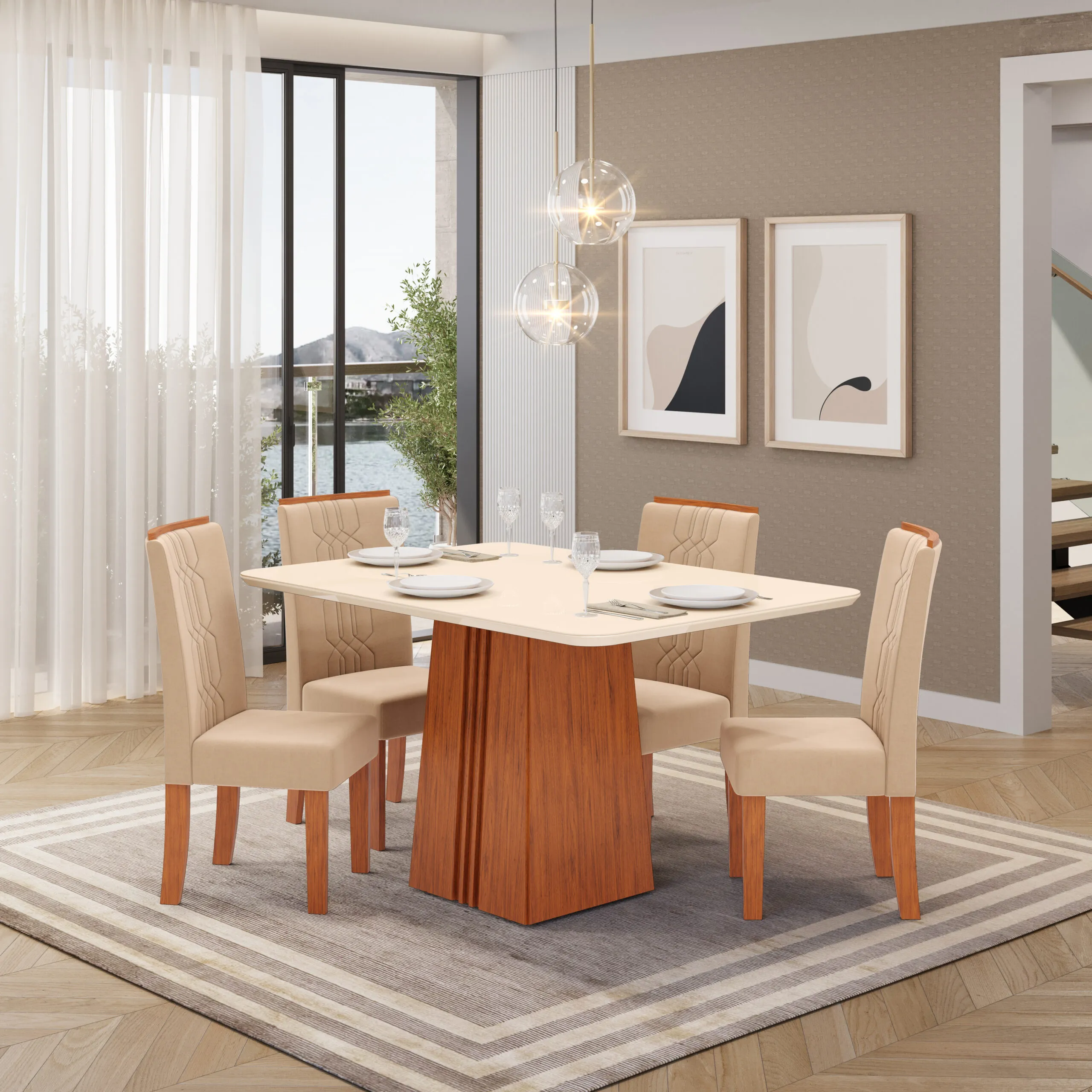 MESA ITALIA - TAMPO CHANFRADO COM VIDRO CURVO - 1200X900X31 FREIJO/OFF WHITE