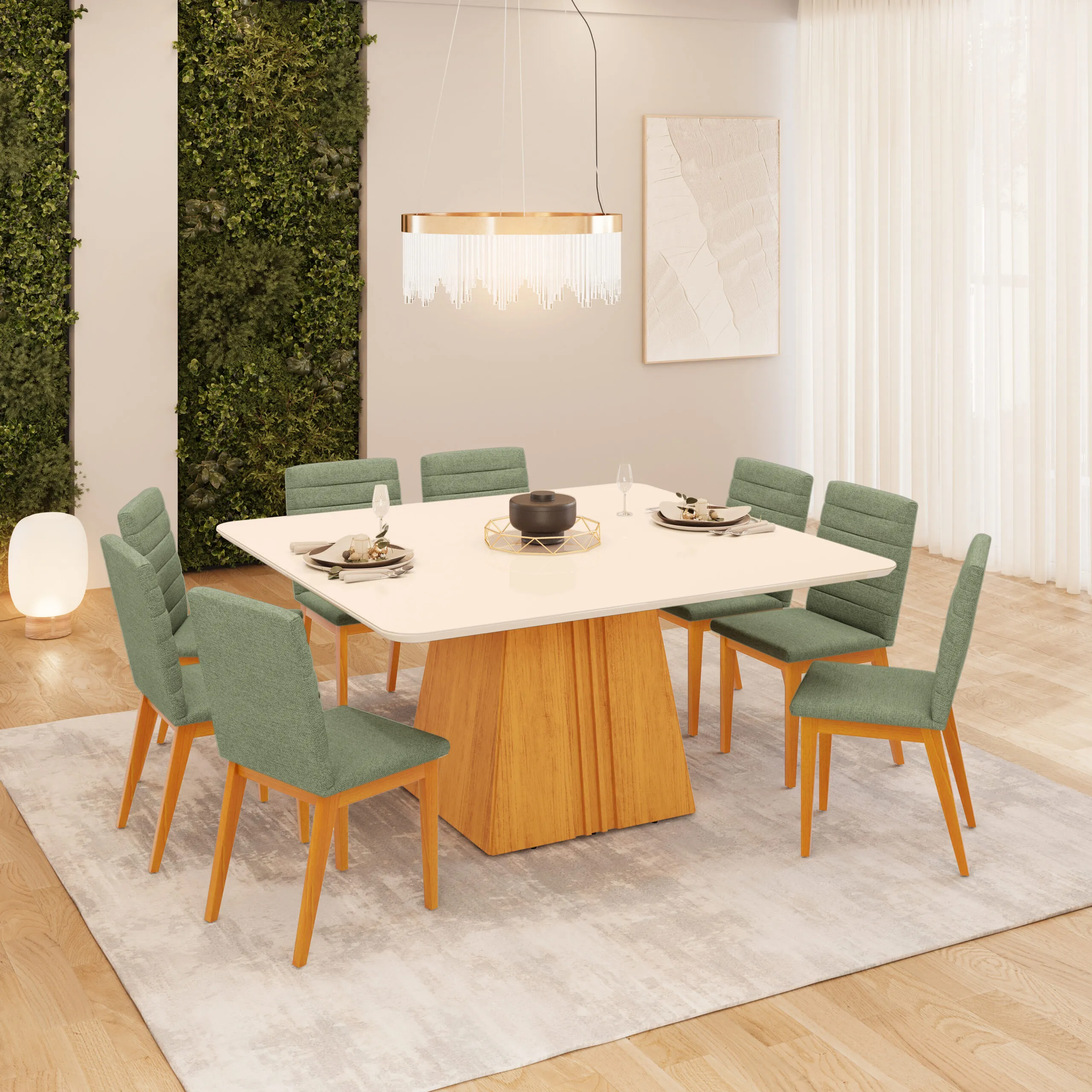 MESA ITALIA - TAMPO CHANFRADO COM VIDRO CURVO - 1360X1360X30 CEDRO/OFF WHITE