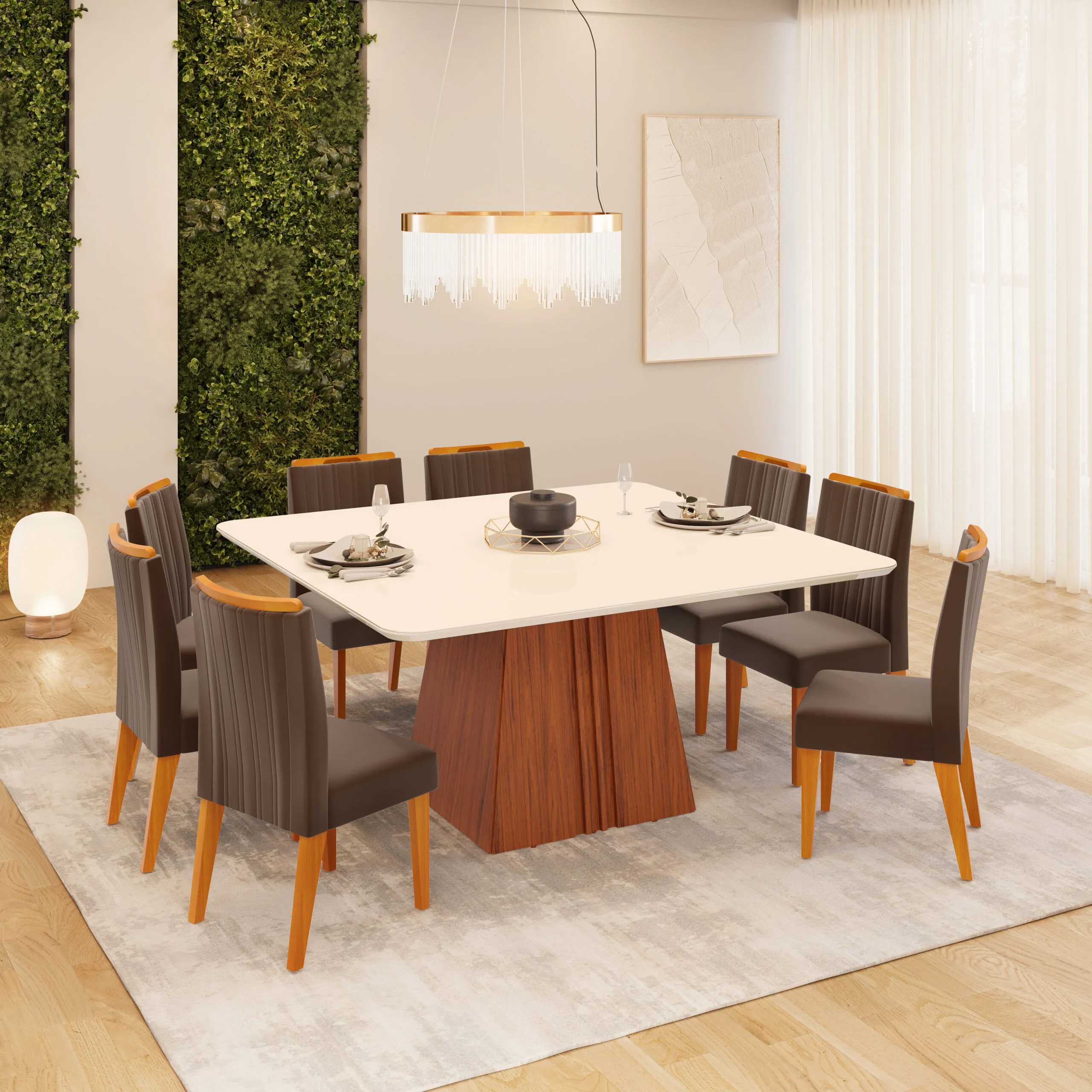 MESA ITALIA - TAMPO CHANFRADO COM VIDRO CURVO - 1360X1360X30 FREIJO/OFF WHITE