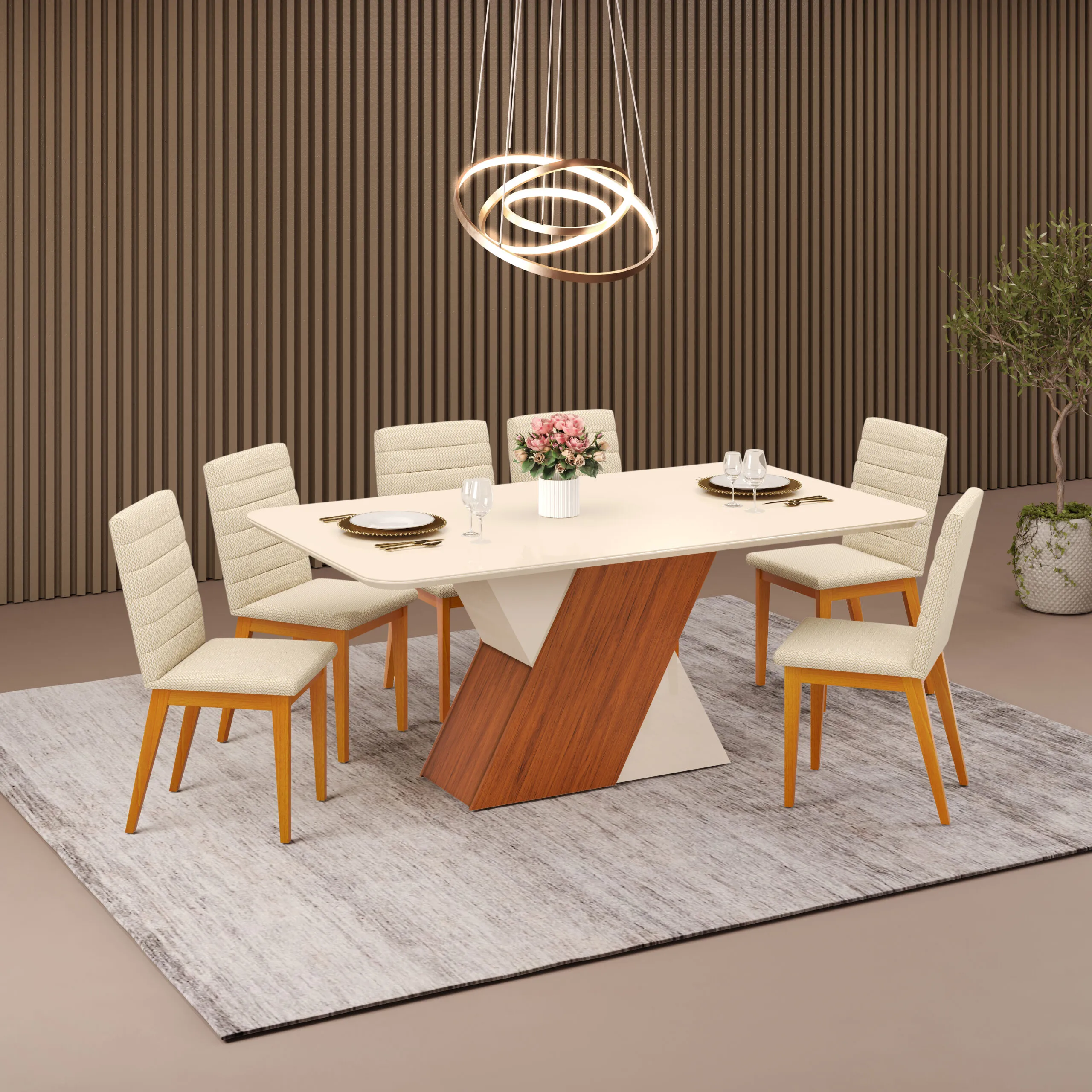 MESA RUBI - TAMPO CHANFRADO CURVO MADEIRA COM VIDRO 1700X900X30 CEDRO/OFF WHITE - Image 3