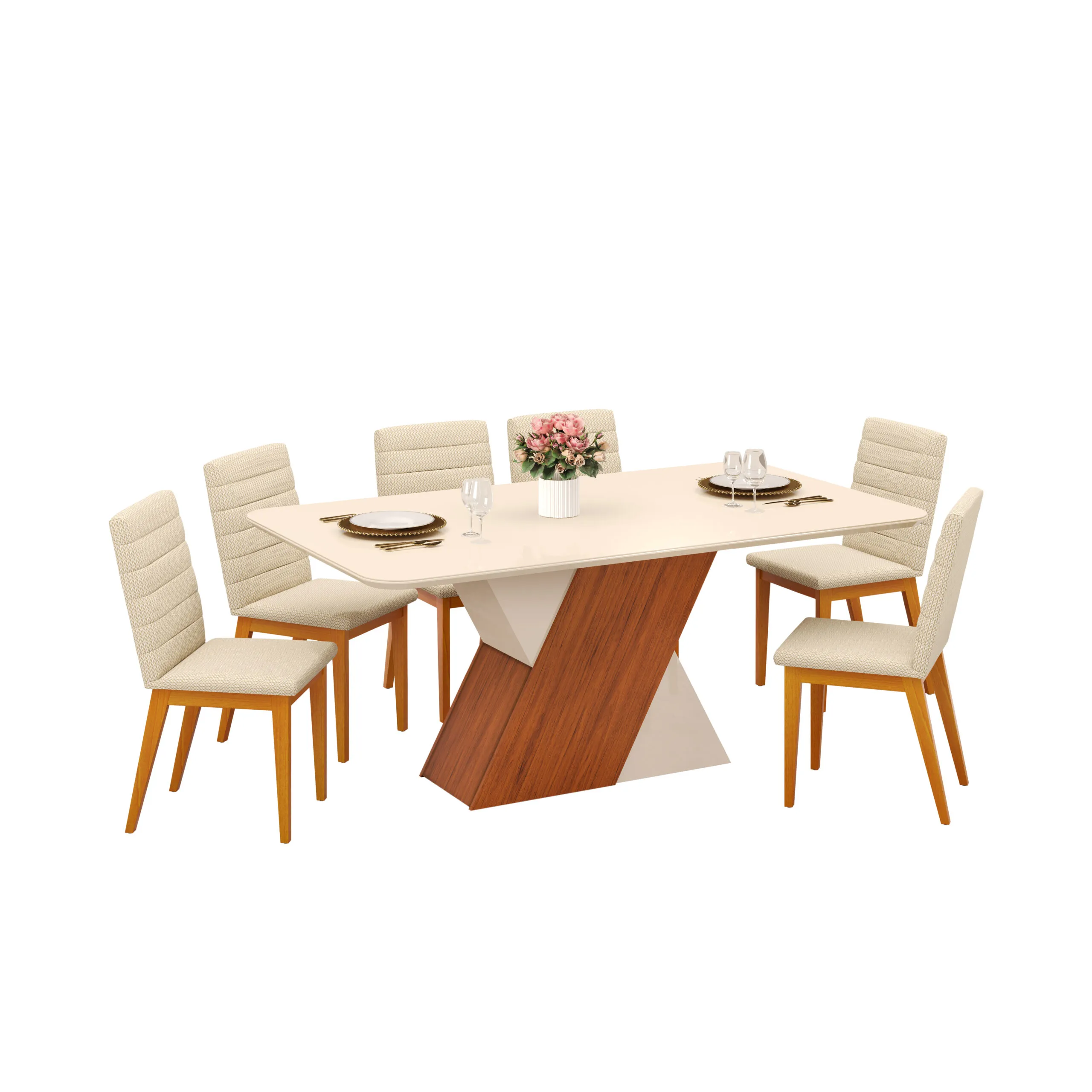 MESA RUBI - TAMPO CHANFRADO CURVO MADEIRA COM VIDRO 1700X900X30 CEDRO/OFF WHITE - Image 2