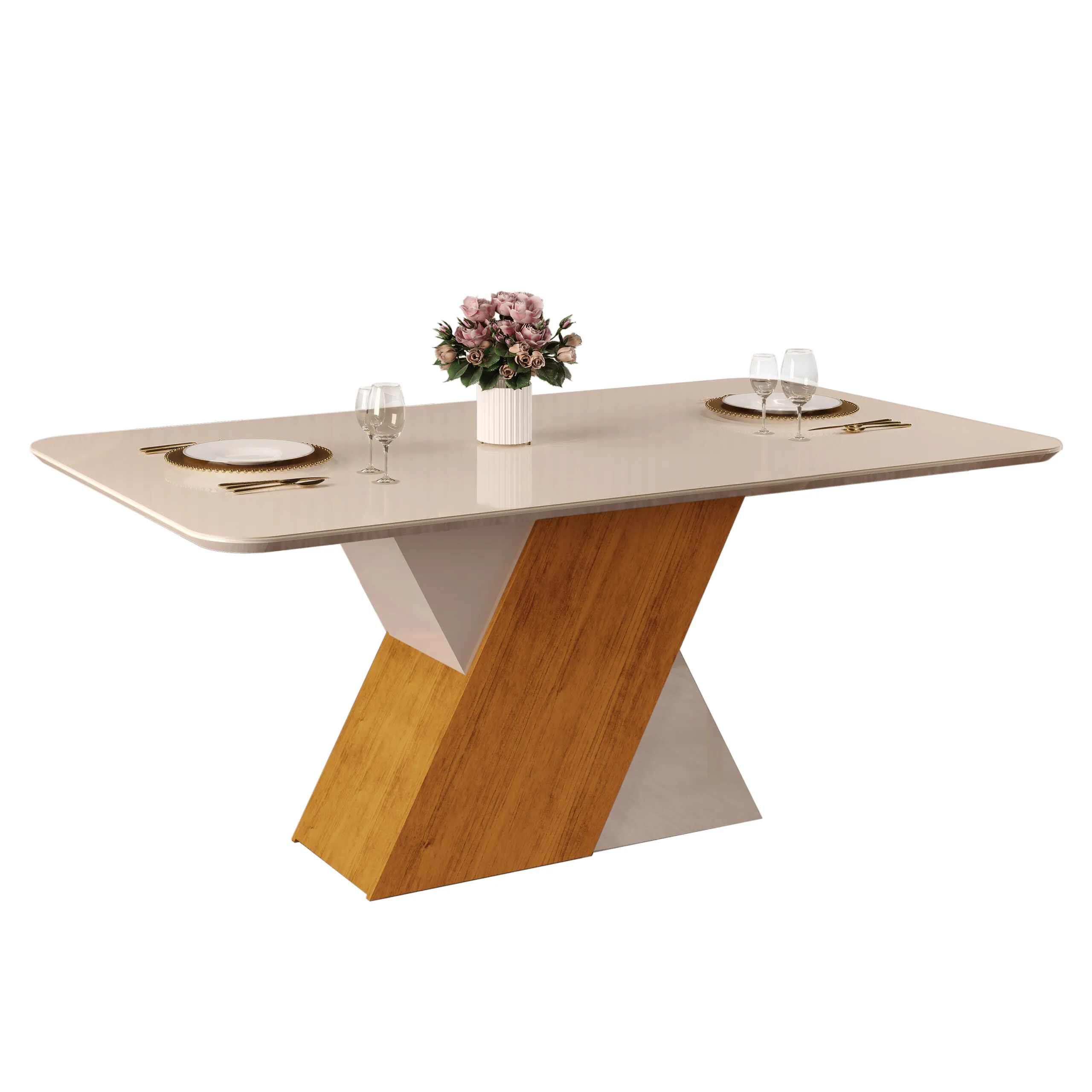 MESA RUBI - TAMPO CHANFRADO CURVO MADEIRA COM VIDRO 1700X900X30 CEDRO/OFF WHITE