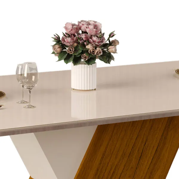 MESA RUBI - TAMPO CHANFRADO CURVO MADEIRA COM VIDRO 1700X900X30 FREIJO/OFF WHITE - Image 2