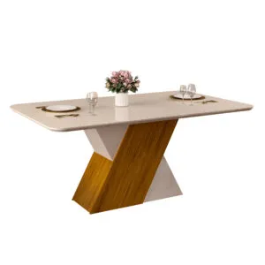 MESA RUBI - TAMPO CHANFRADO CURVO MADEIRA COM VIDRO 1700X900X30 FREIJO/OFF WHITE