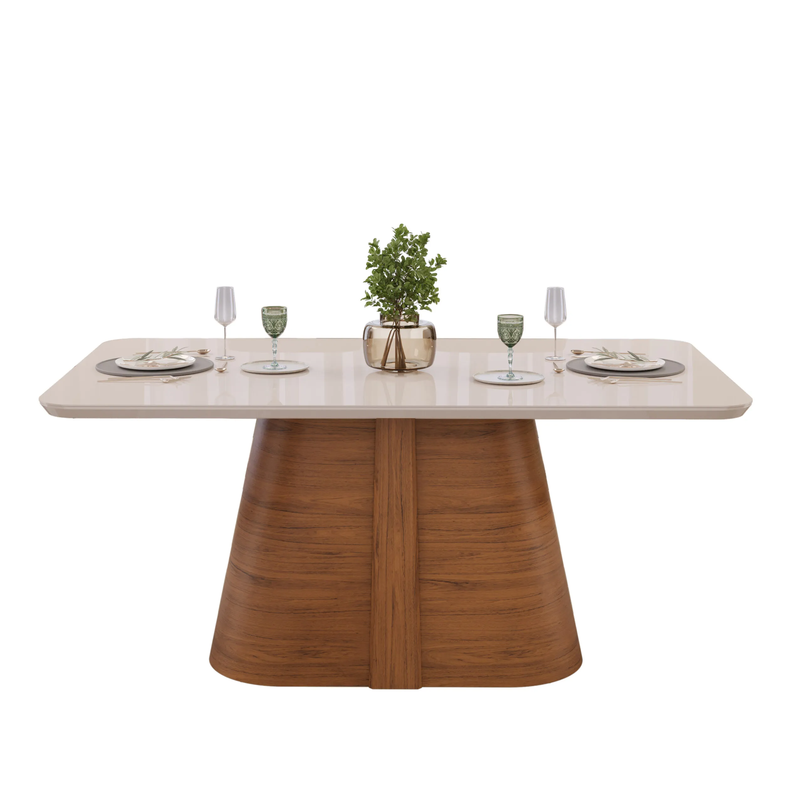 MESA RYZE - TAMPO CHANFRADO CURVO COM VIDRO - 1800X1000X30 MM FREIJO/OFF WHITE